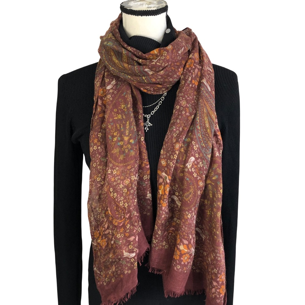 Eton Sweden Paisley Floral Wool Modal Scarf Burgundy Brown Italy Whimsigoth